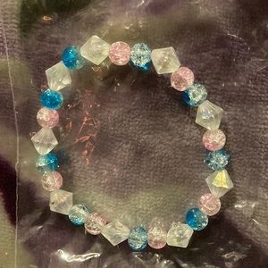Hand made bracelet, white, crystal clear with pink and blue beads